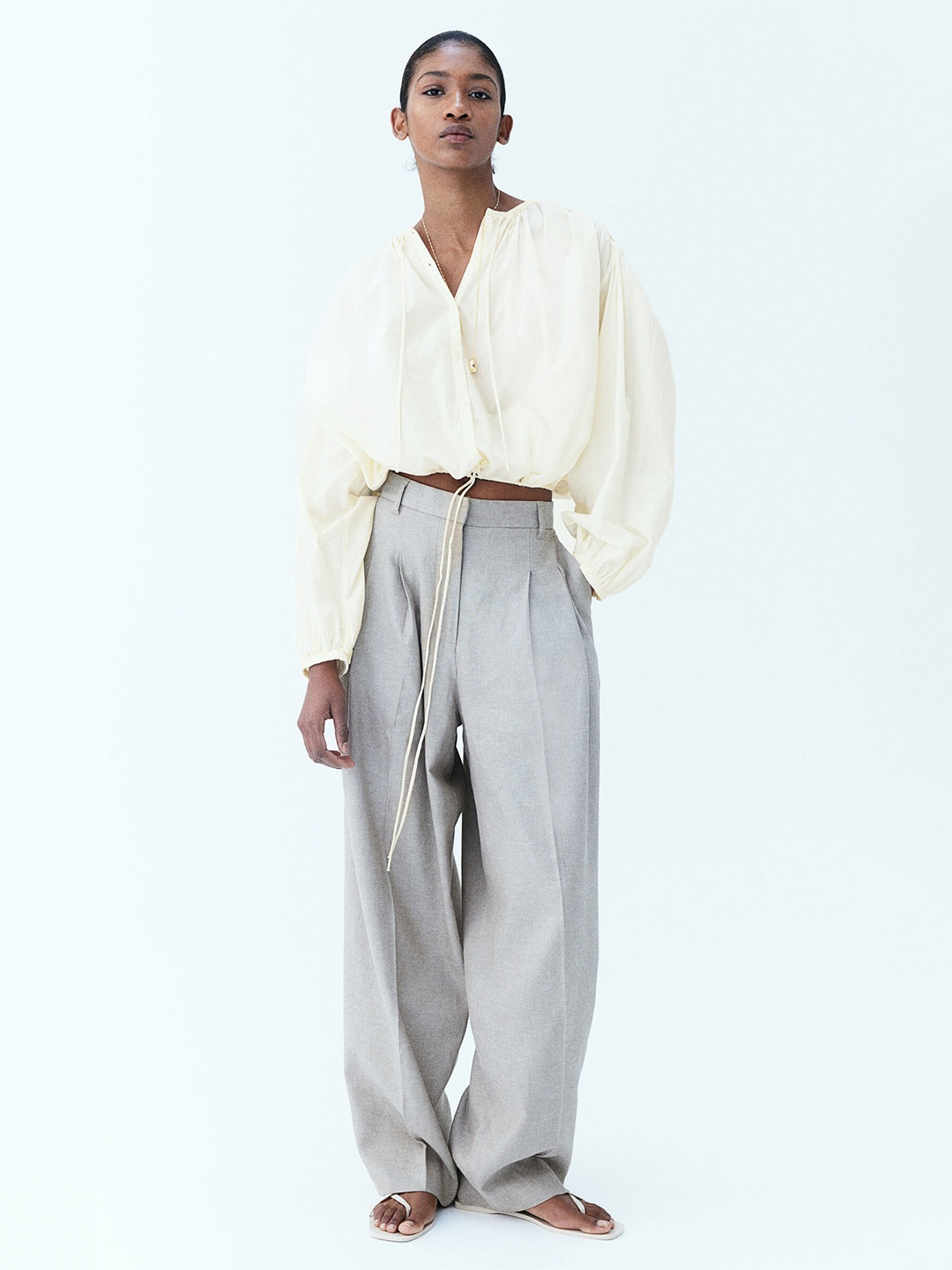 

H&M Pure Cotton Drawstring Blouse, White
