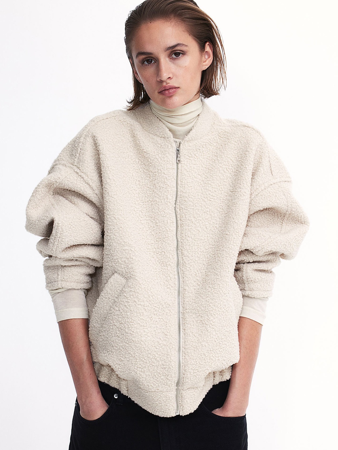 

H&M Oversized Teddy Bomber Jacket, Beige