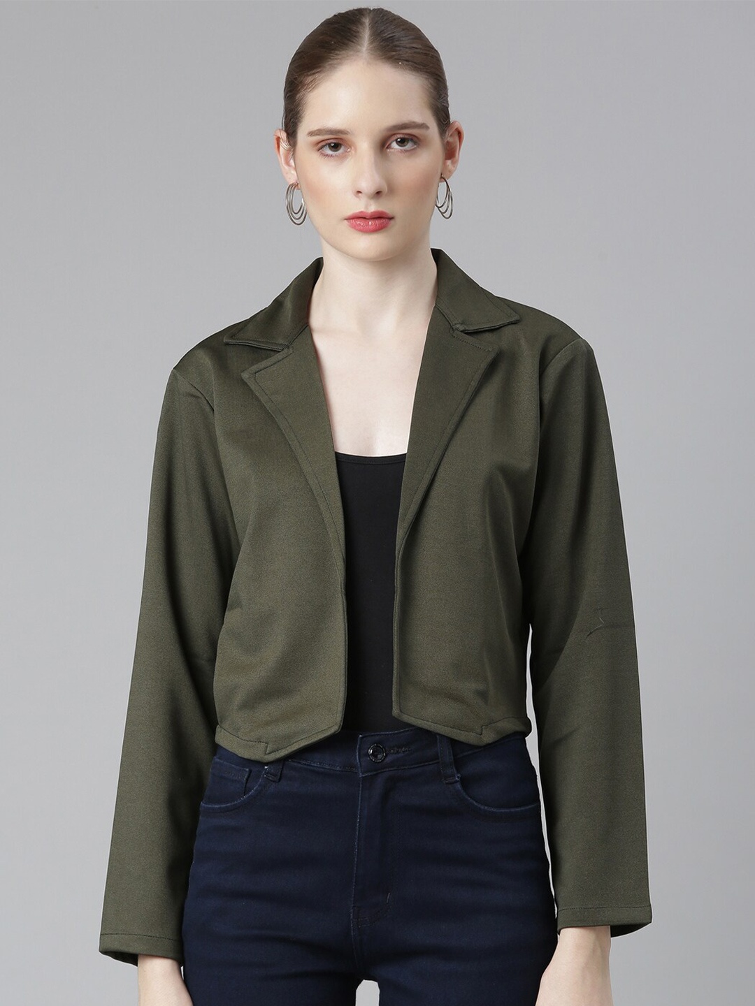 

SHOWOFF Notched Lapel Collar Cotton Open Front Shrug, Olive