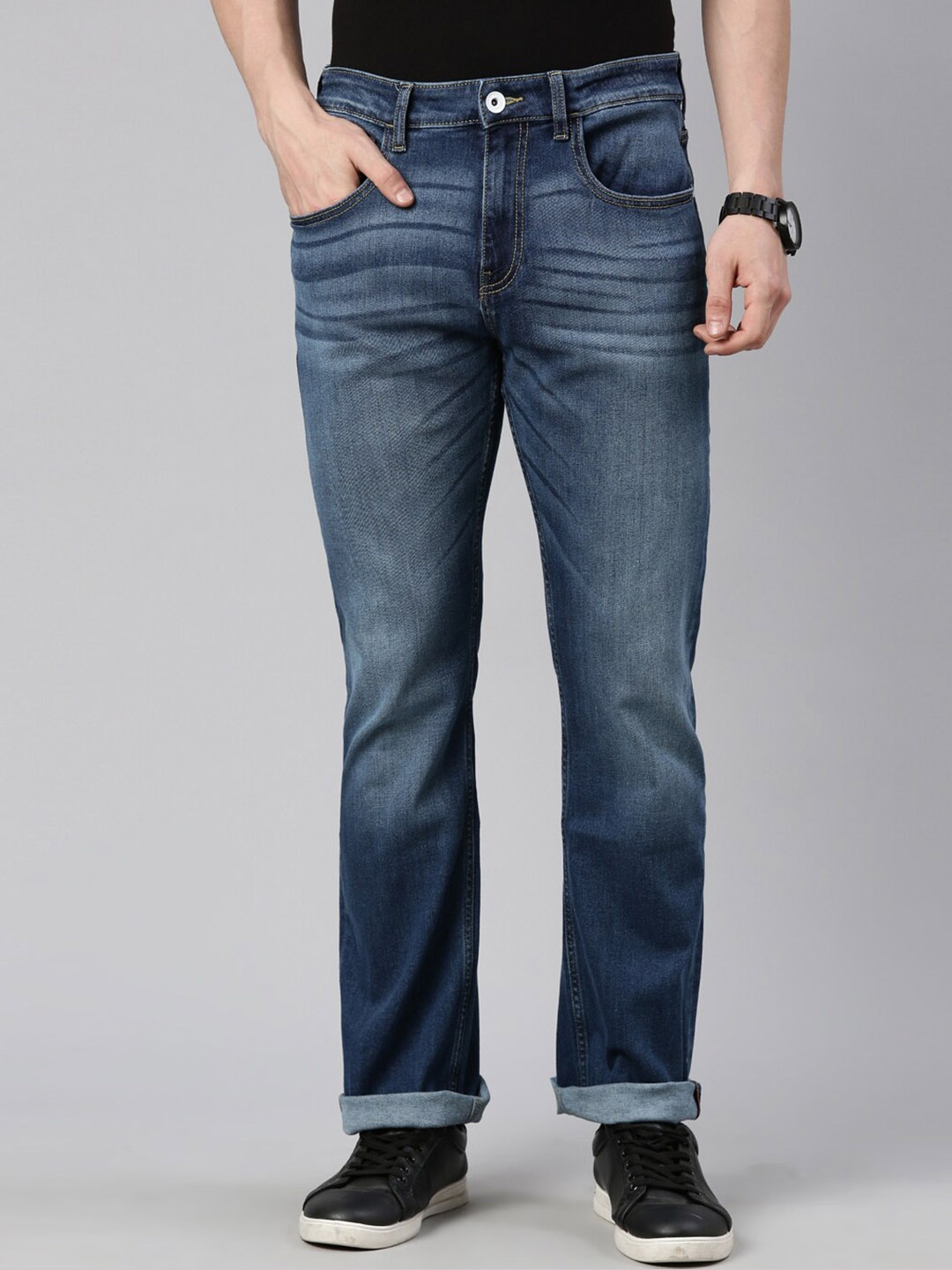 

American Bull Men Classic Bootcut Clean Look Heavy Fade Stretchable Jeans, Blue