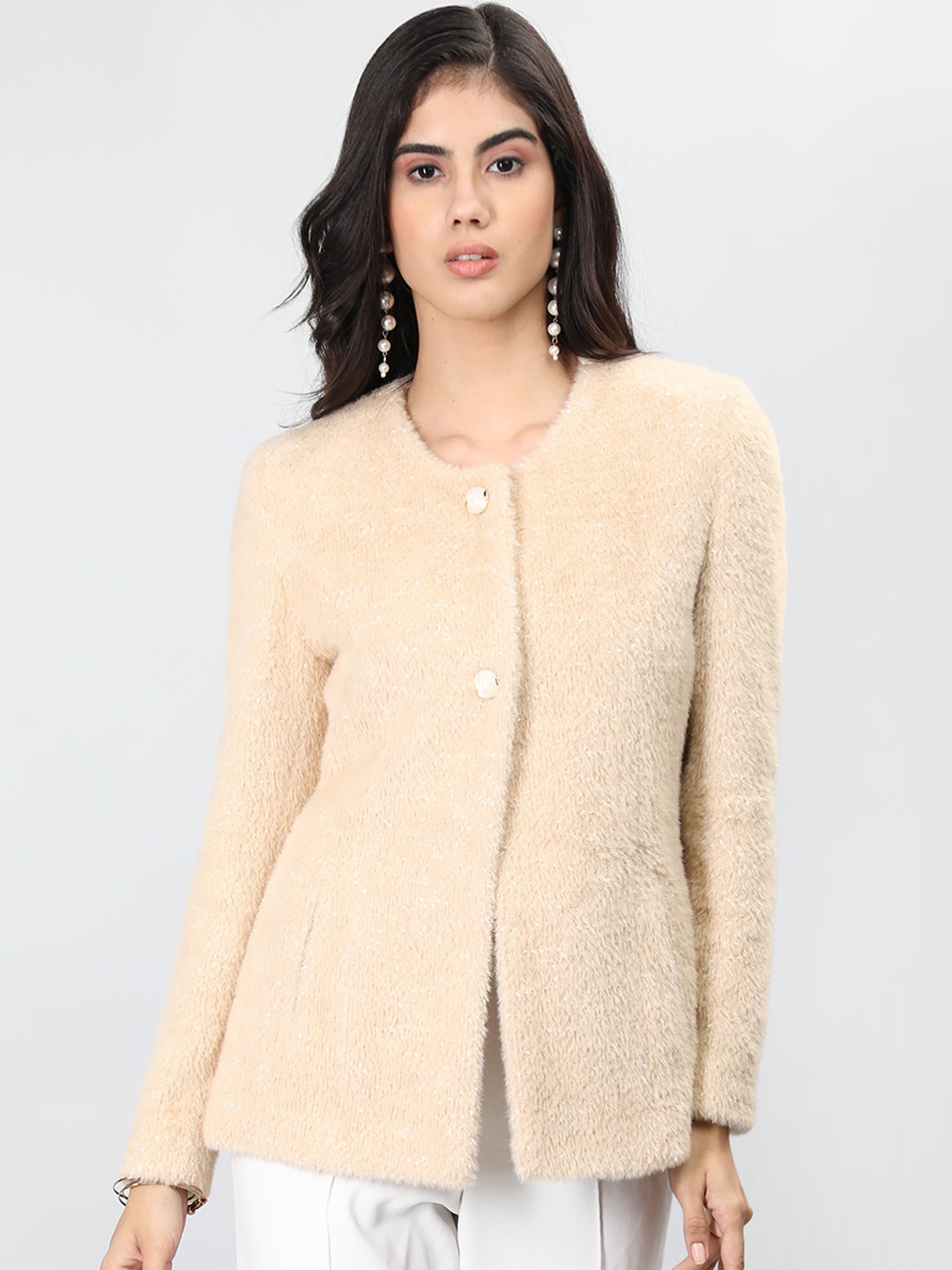 

CHKOKKO Faux Fur Trim Woollen Winter Coats, Beige