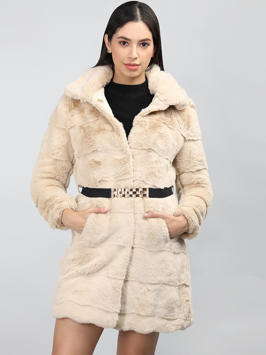 

CHKOKKO Faux Fur Trim Single Breasted Spread Collar Belted Winter Wool Overcoat, Beige