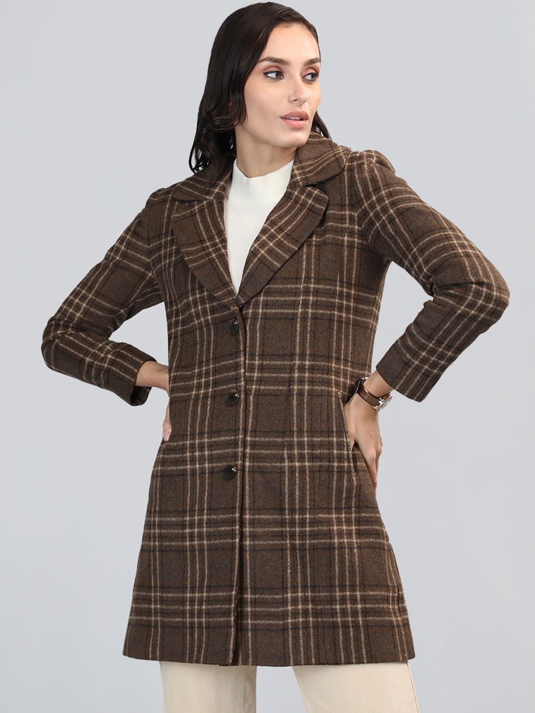 

CHKOKKO Checked Notched Lapel Collar Single-Breasted Winter Woollen Overcoat, Brown