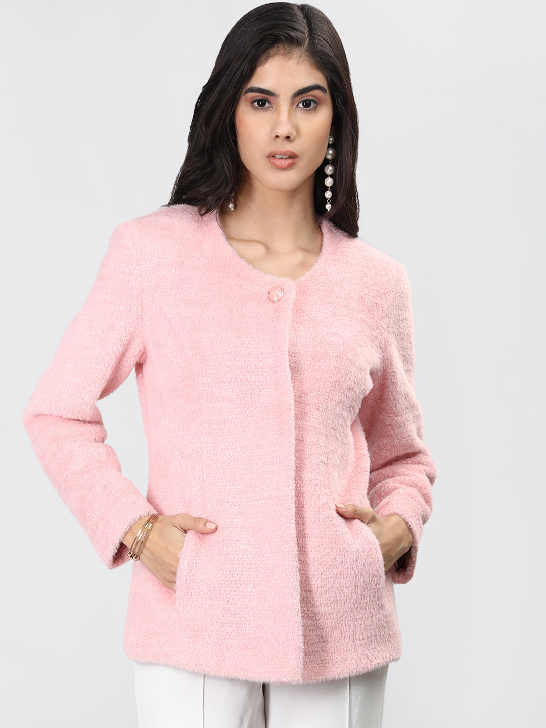 

CHKOKKO Faux-Fur Self Design Round Neck Winter Wool Overcoat, Pink