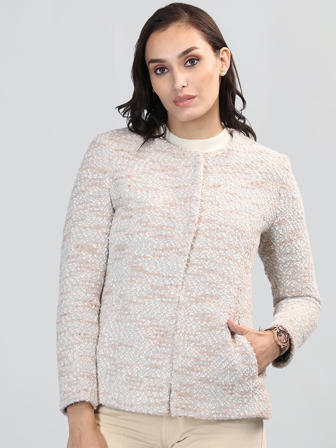 

CHKOKKO Self Design Single Breasted Woollen Overcoat, Grey