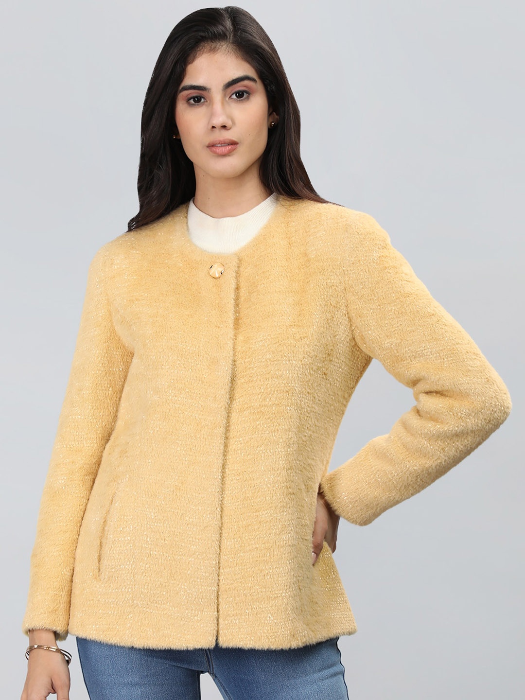 

CHKOKKO Woollen Round-Neck Overcoat, Mustard