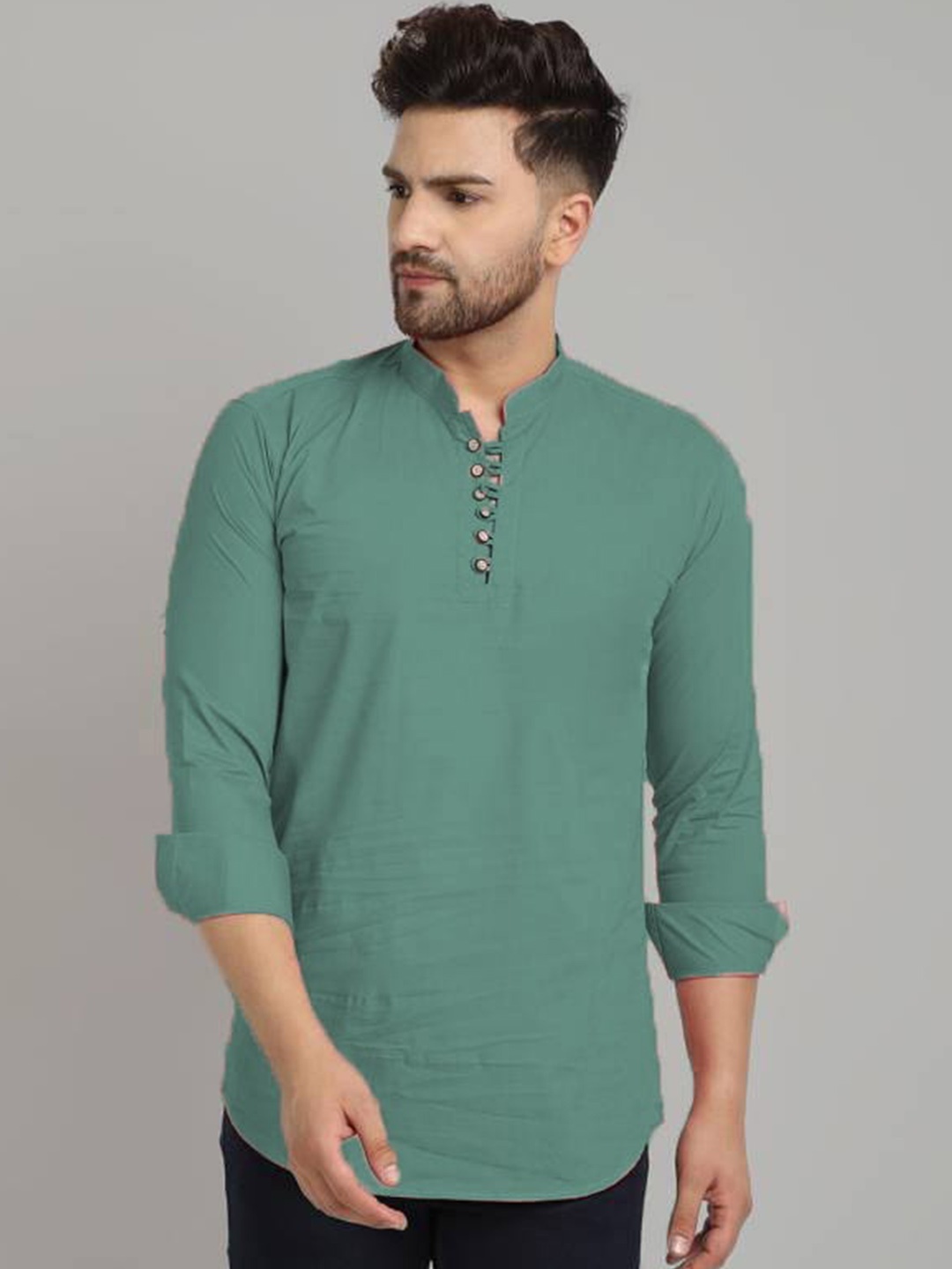 

Elepants Mandarin Collar Cotton Straight Kurta, Sea green