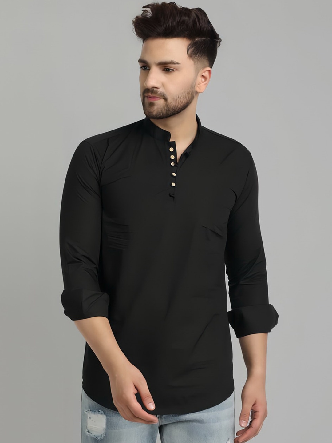 

Elepants Mandarin Collar Cotton Pathani Kurta, Black