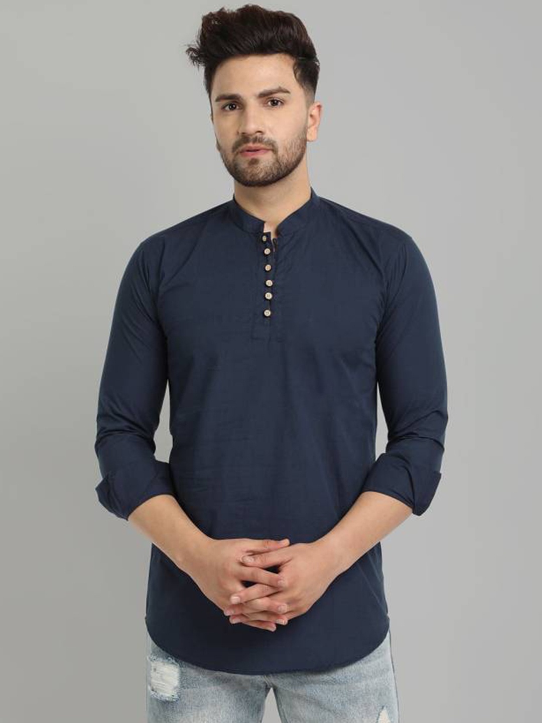 

Elepants Mandarin Collar Cotton Pathani Kurta, Navy blue