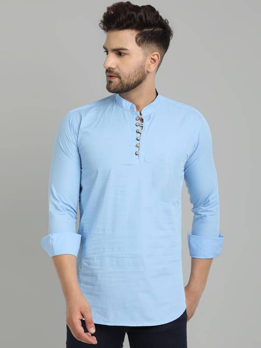

Elepants Mandarin Collar Cotton Pathani Kurta, Blue