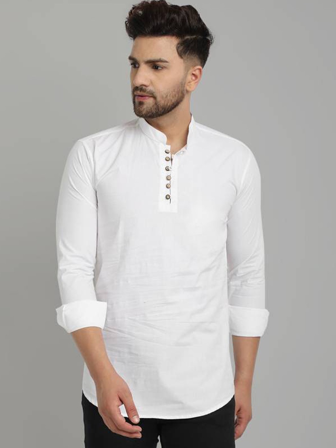 

Elepants Mandarin Collar Cotton Straight Kurta, White