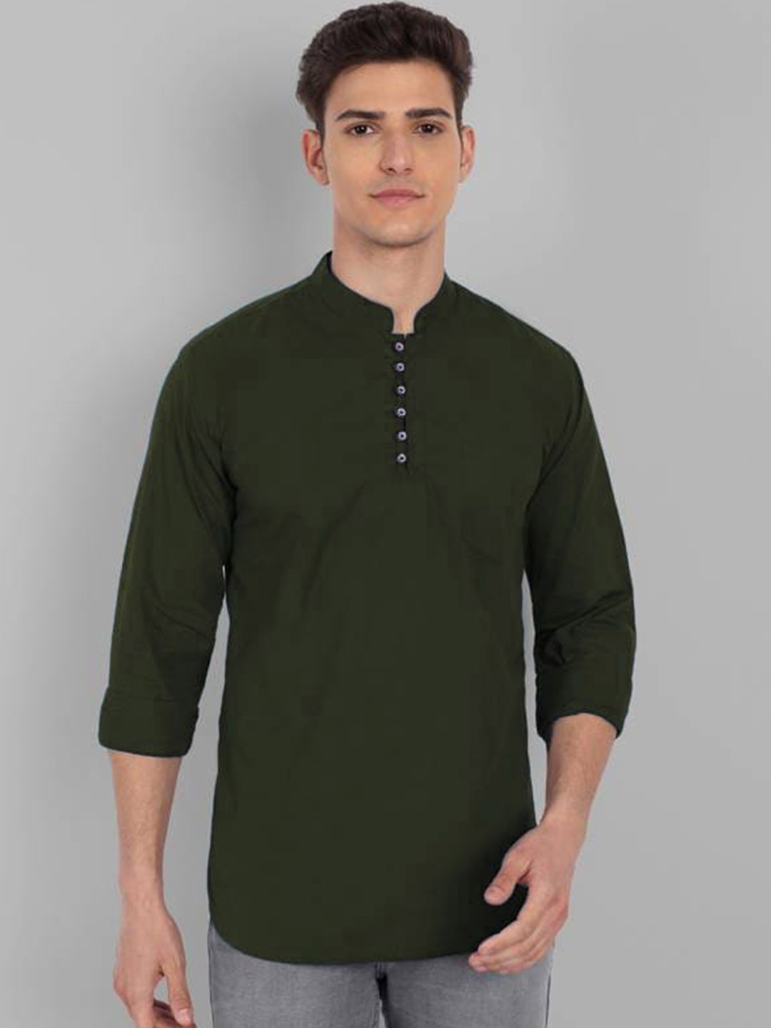 

Elepants Mandarin Collar Cotton Straight Kurta, Olive