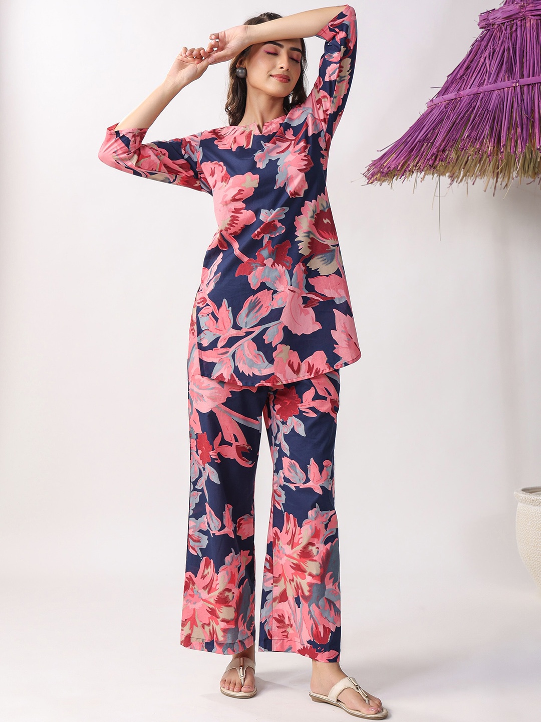 

JISORA Floral Printed Pure Cotton Night suits, Blue