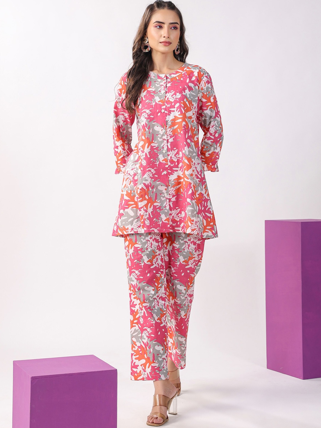 

JISORA Abstract Printed Cotton Co-Ords Set, Pink