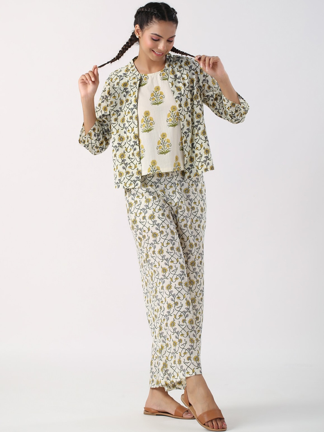 

JISORA Off White Printed Pure Cotton Top With Trousers & Jacket