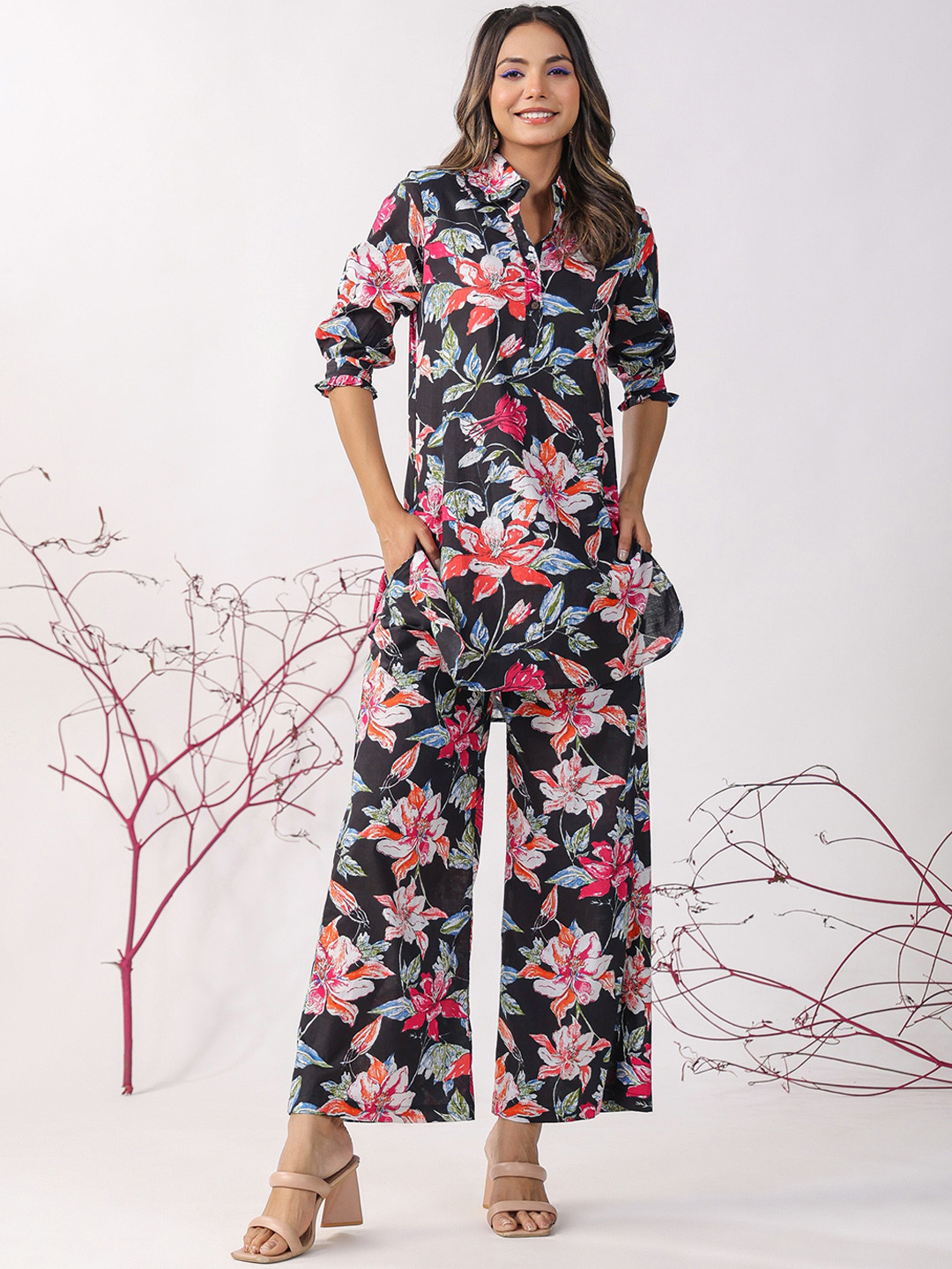 

JISORA Floral Printed Shirt Collar Cotton Shirt Collar Tunic & Trousers, Black
