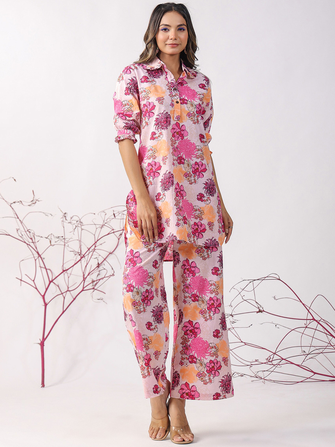 

JISORA Pink Printed Pure Cotton Tunic & Trousers Co-Ords