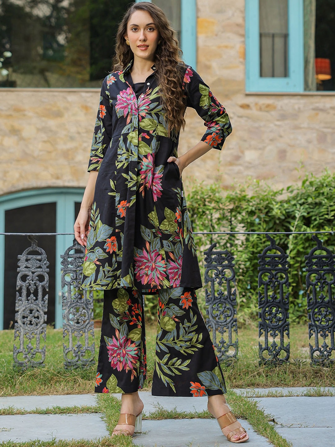 

JISORA Black Printed Cotton Tunic & Trousers Co-Ords