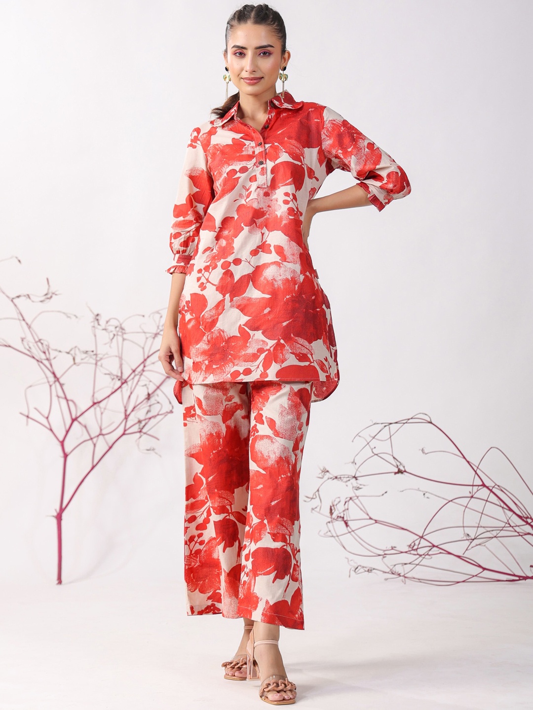 

JISORA Abstract Printed Shirt Collar Cotton Tunic & Trousers, Red