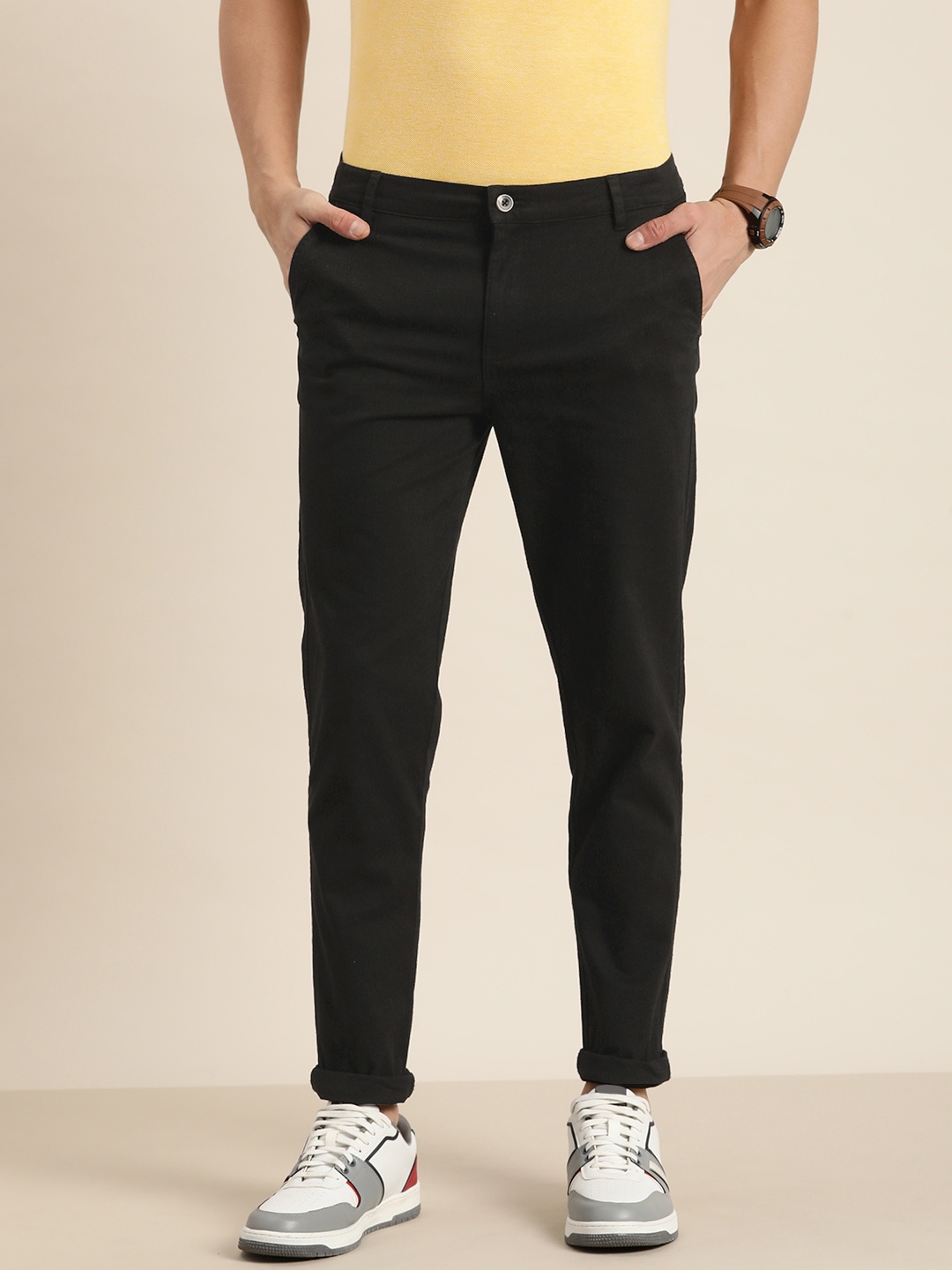 

DILLINGER Men Solid Ankle-Length Chinos Trousers, Black