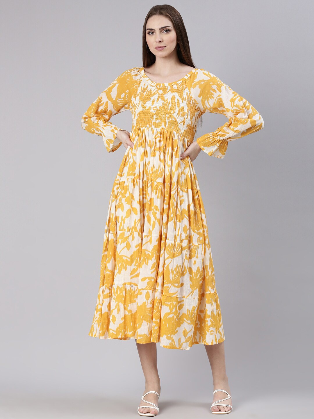 

SHOWOFF Floral Printed Bell Sleeves Smocked Fit and Flare Midi Dress, Mustard