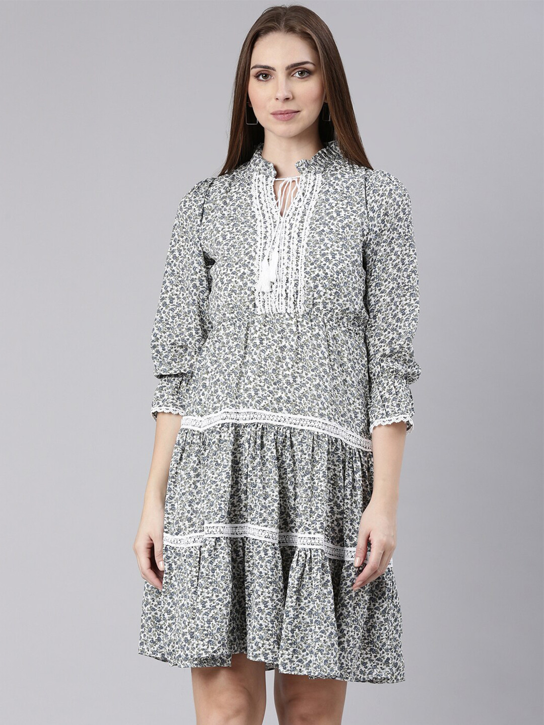 

SHOWOFF Floral Printed Tie-Up Neck Puff Sleeves Fit & Flare Dress, Grey