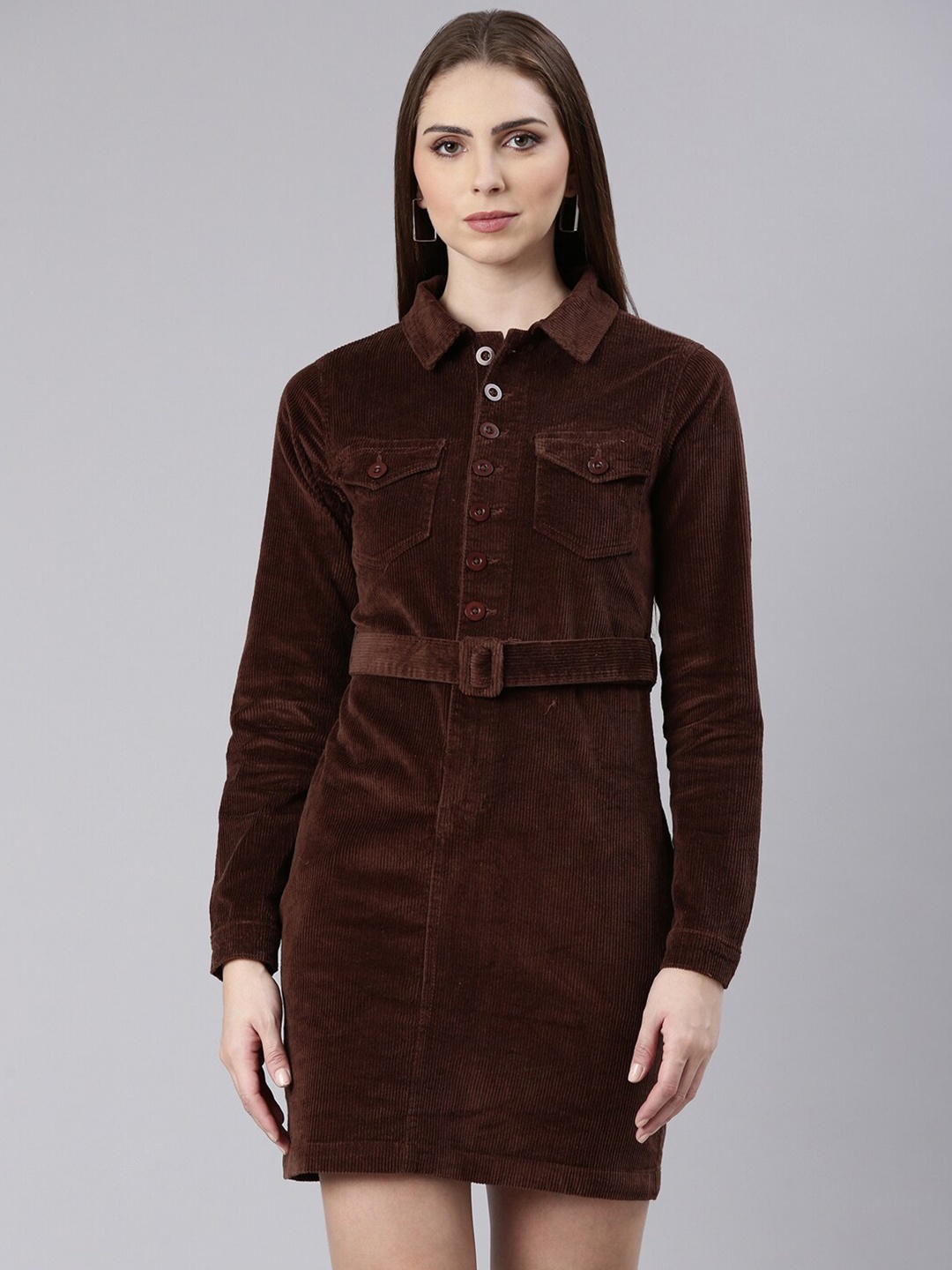 

SHOWOFF Cuffed Sleeves Corduroy Cotton Shirt Style Dress, Coffee brown