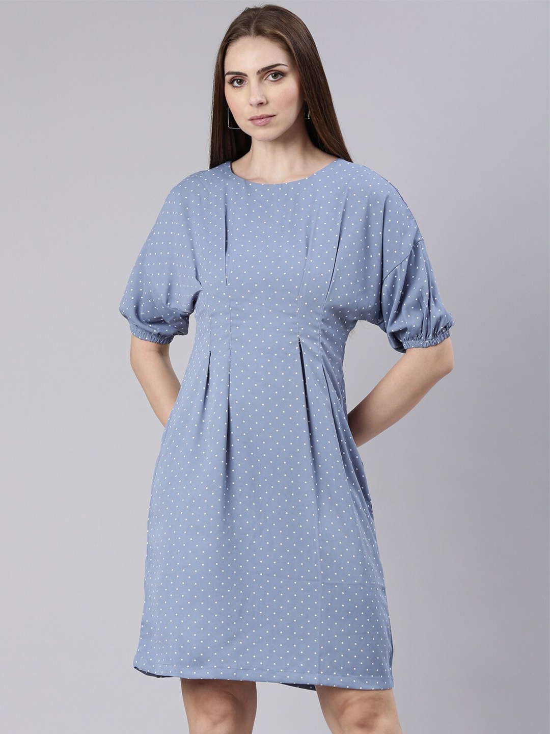 

SHOWOFF Polka Dot Printed Cotton A-Line Dress, Blue