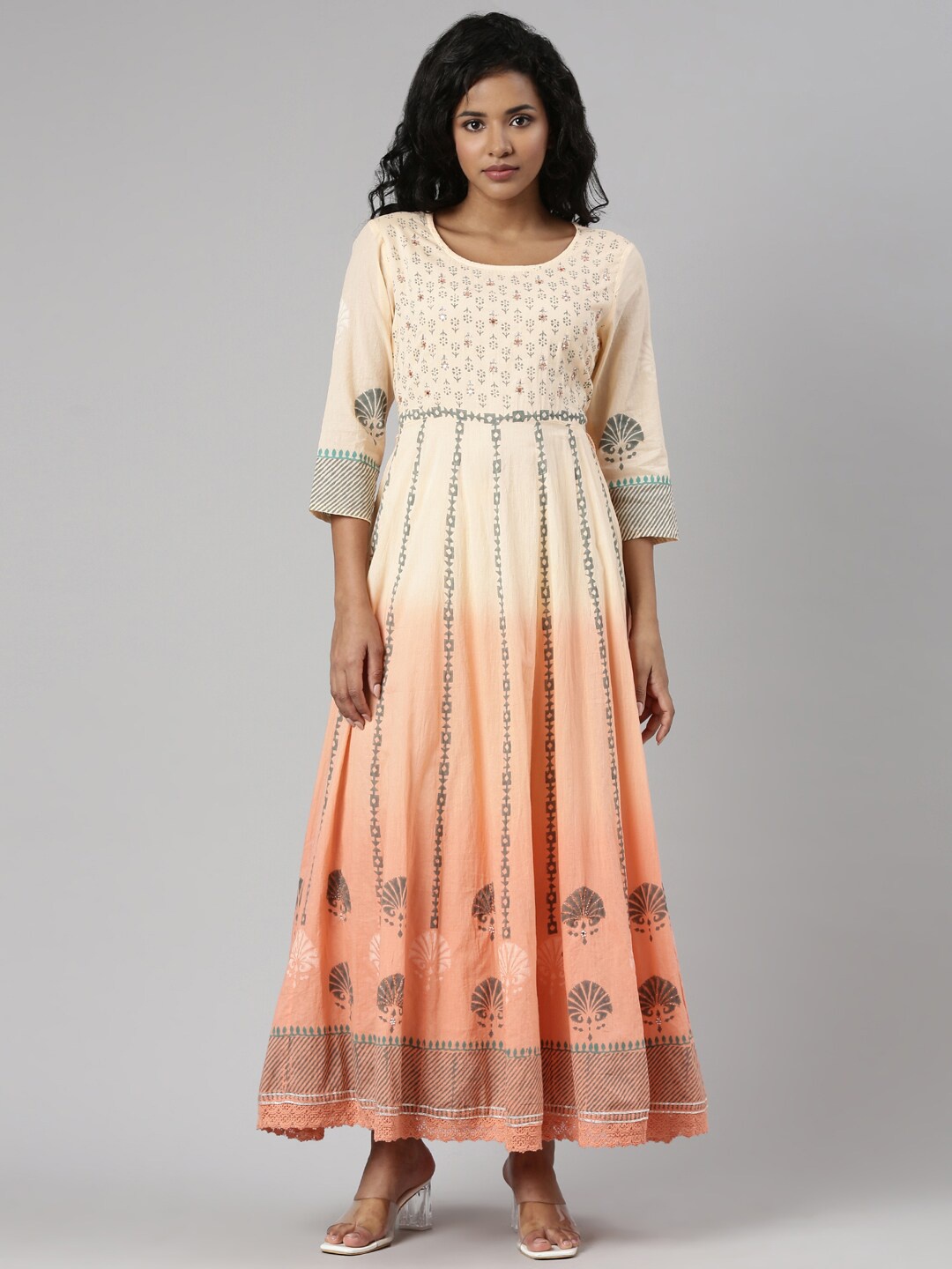 

SHOWOFF Ethnic Motifs Printed Cotton Empire Maxi Dress, Cream