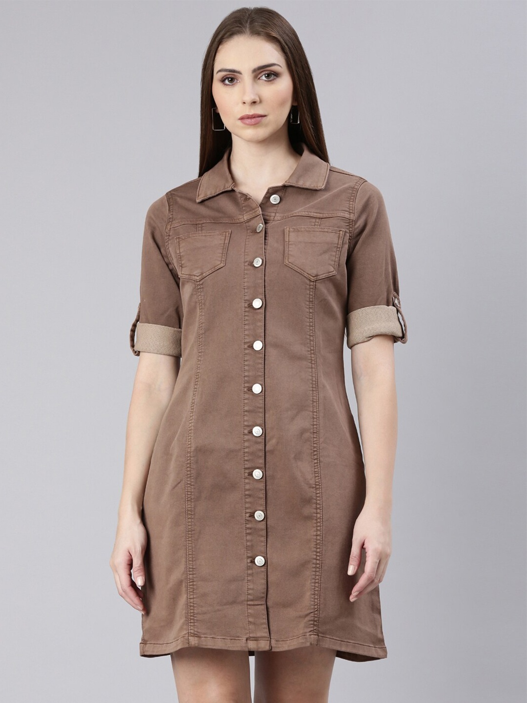 

SHOWOFF Roll Up Sleeves Cotton Shirt Style Dress, Brown