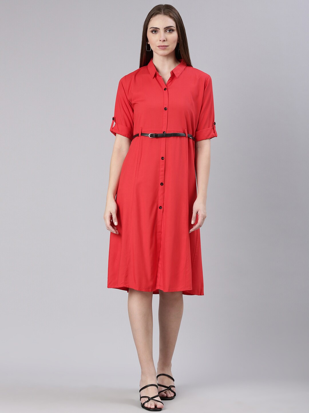 

SHOWOFF Shirt Collar A-Line Dress, Red