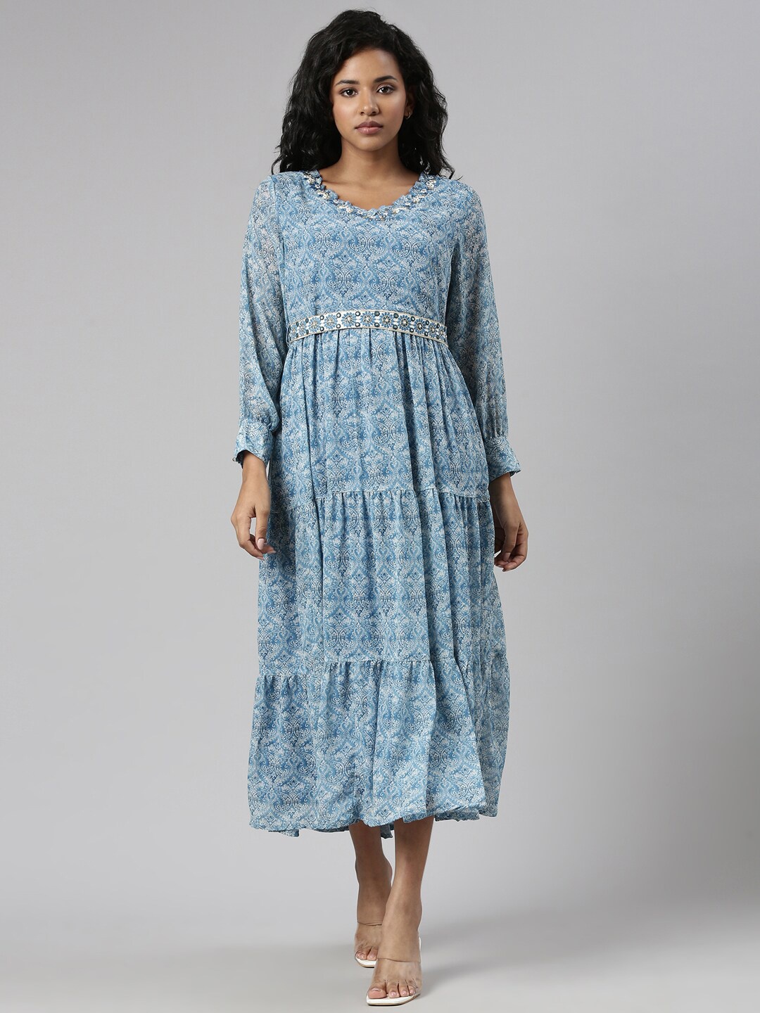 

SHOWOFF Ethnic Motifs Printed V-Neck Embellished Fit & Flare Ethnic Dress With Belt, Blue