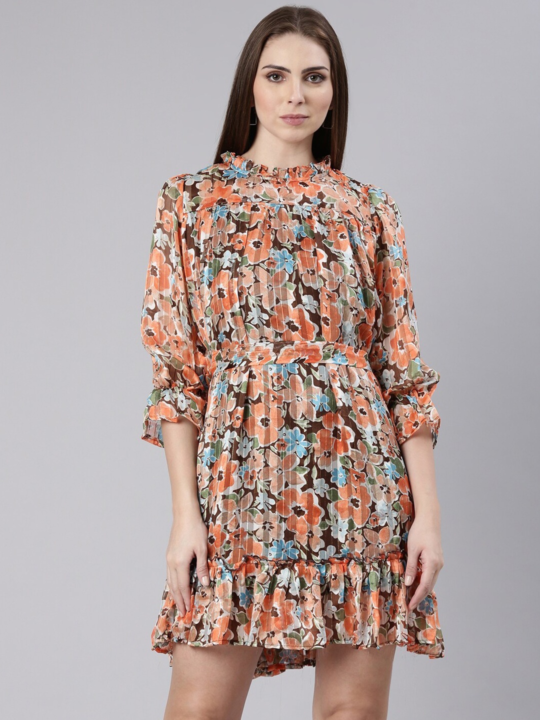 

SHOWOFF Floral Print Puff Sleeve Tie Up Georgette A-Line Dress, Orange