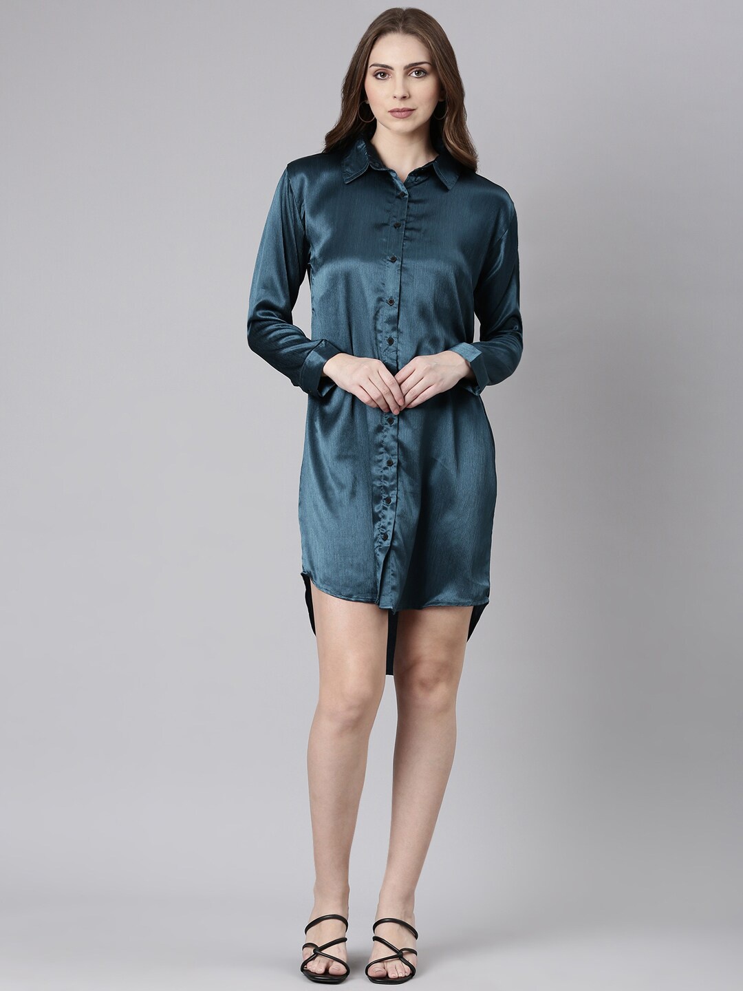 

SHOWOFF Cuffed Sleeves Satin Shirt Style Dress, Teal