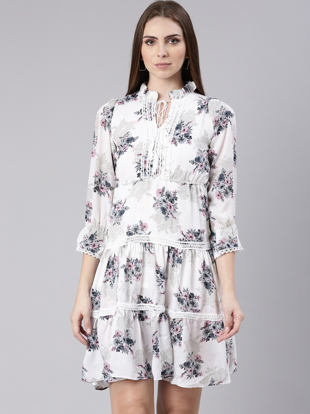SHOWOFF Floral Print Tie-Up Neck Puff Sleeve Fit & Flare Dress, White