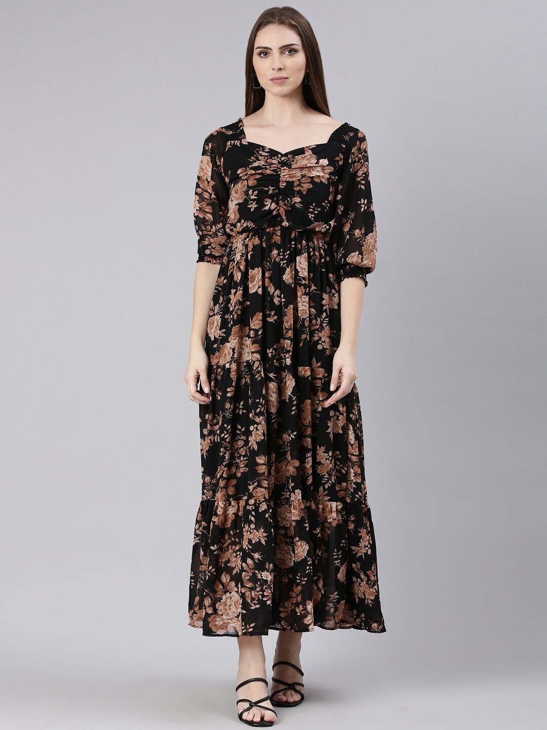 

SHOWOFF Floral Printed V-Neck Puff Sleeve Smocked Georgette Tiered Maxi Dress, Black
