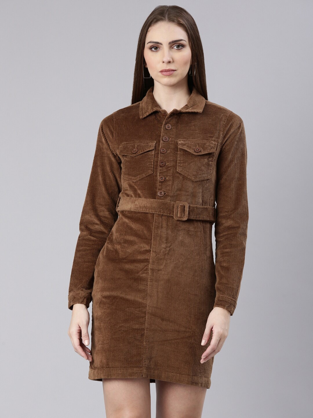 

SHOWOFF Shirt Collar Belted Cotton Mini Shirt Dress, Khaki