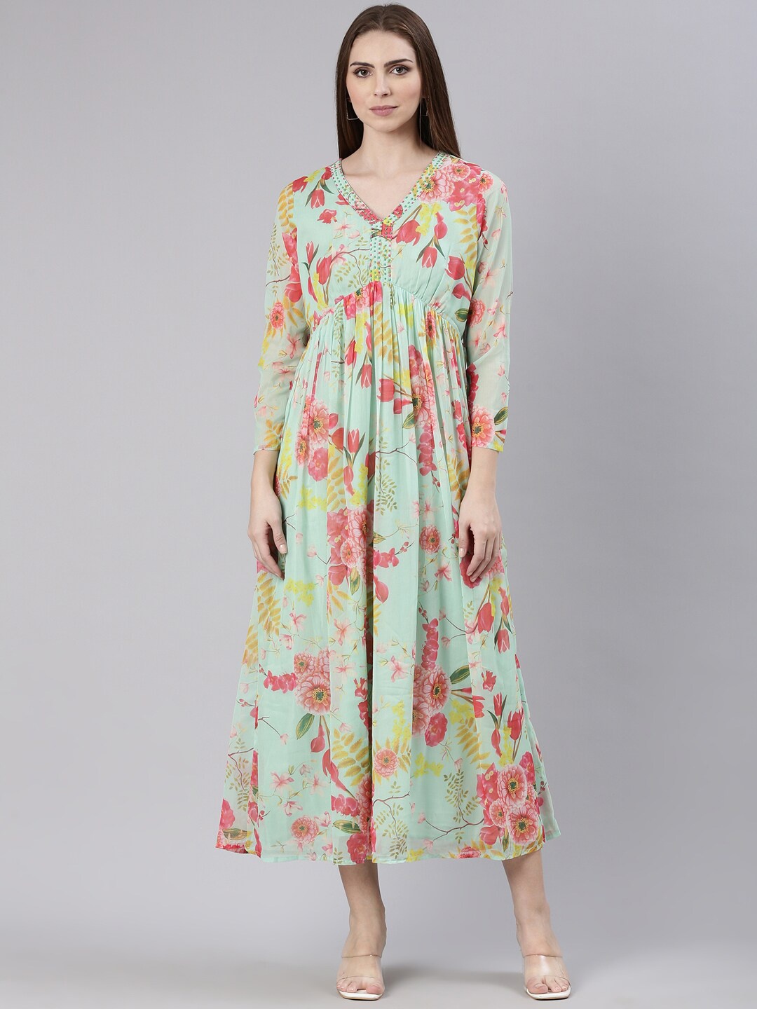 

SHOWOFF Floral Printed V-Neck Empire Midi Dress, Sea green