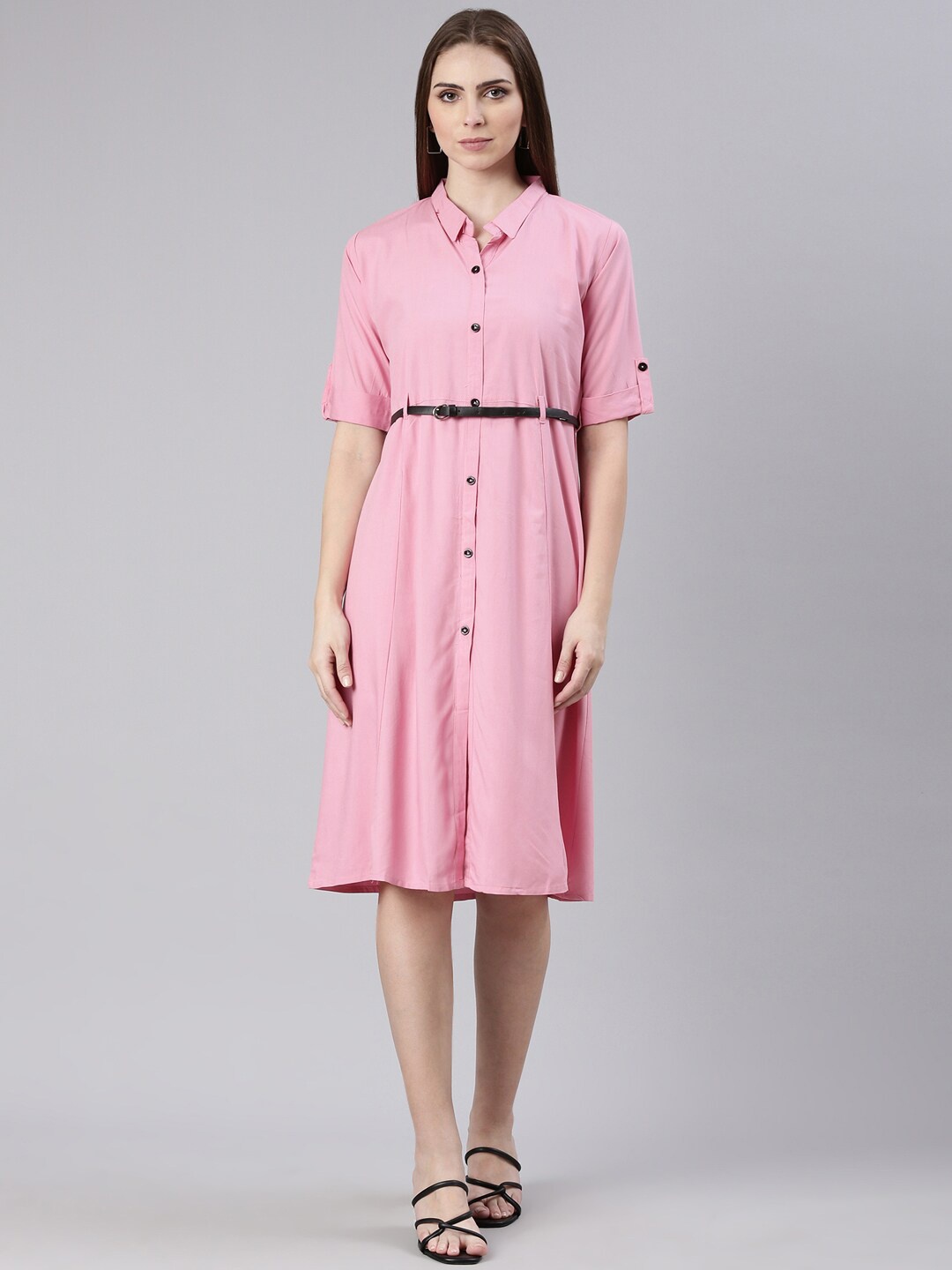 

SHOWOFF Roll-Up Sleeves Cotton Shirt Style Dress, Pink