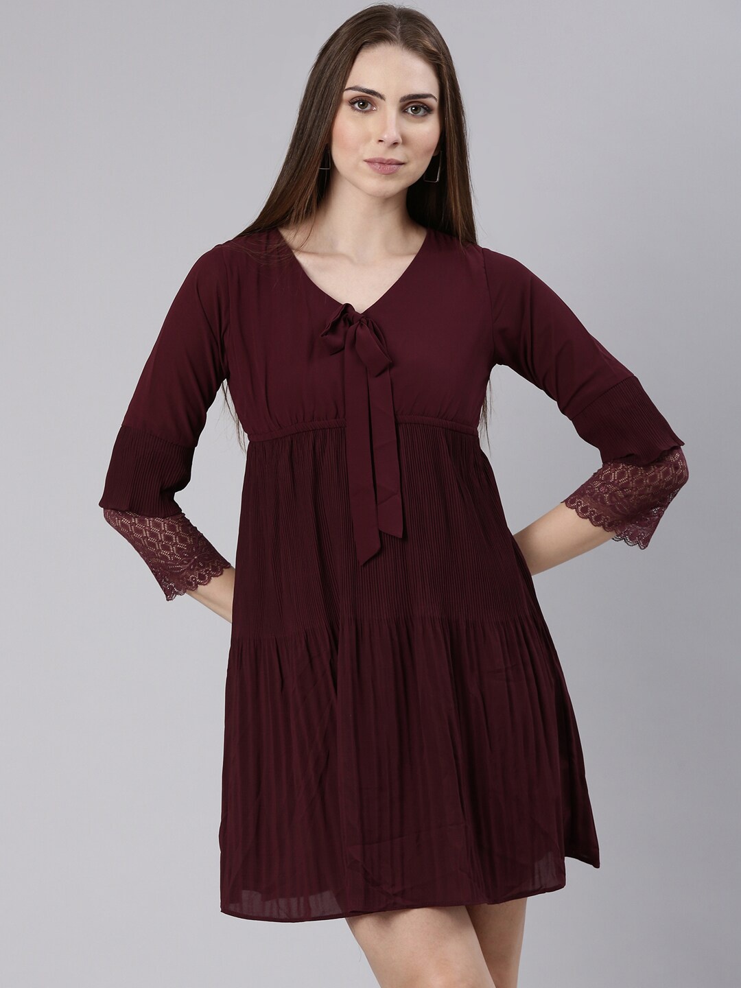 

SHOWOFF Tie-Up Neck Bell Sleeves Gathered or Pleated Georgette Empire Dress, Maroon