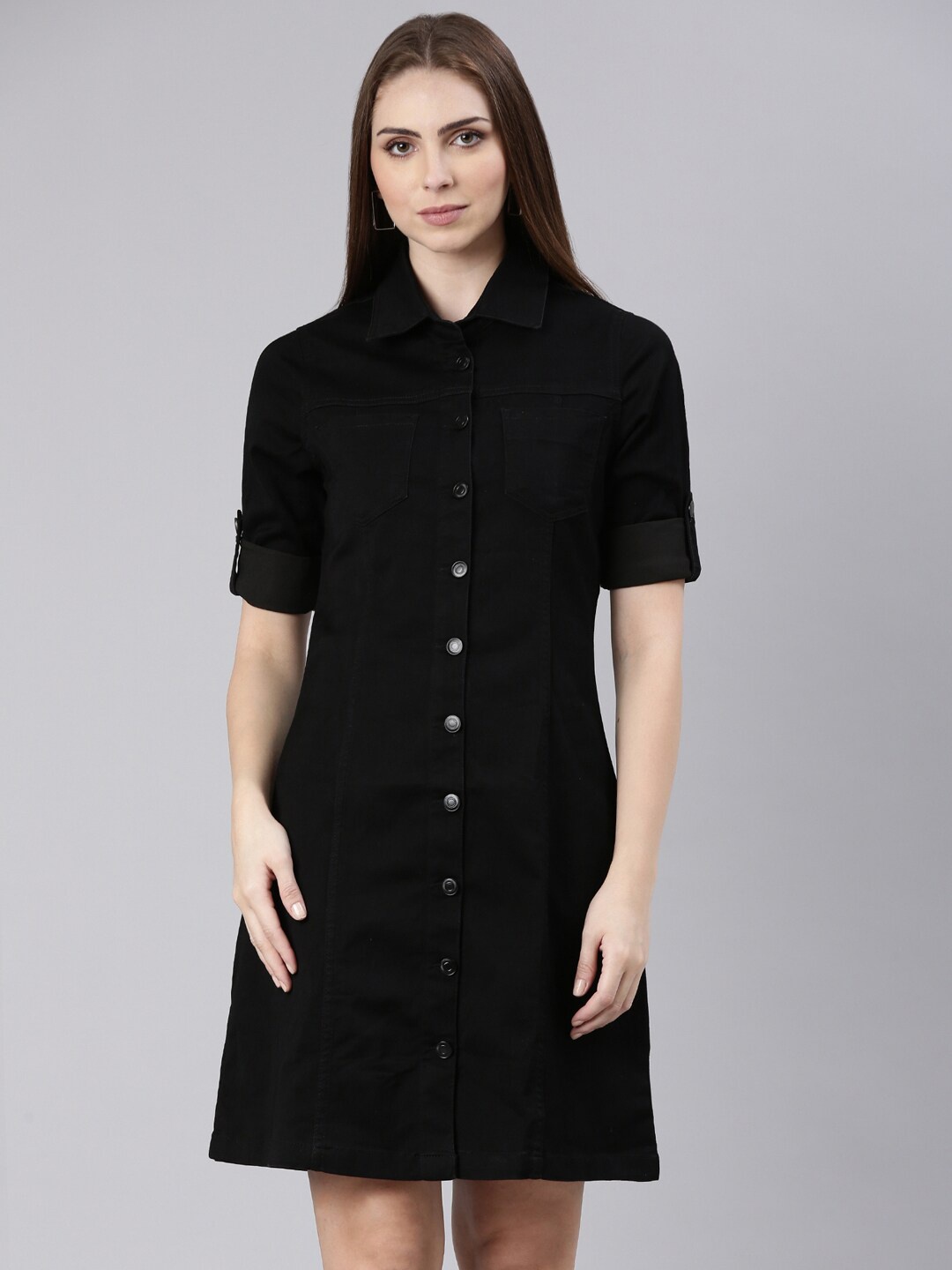 

SHOWOFF Shirt Collar Roll Up Sleeves Shirt Dress, Black