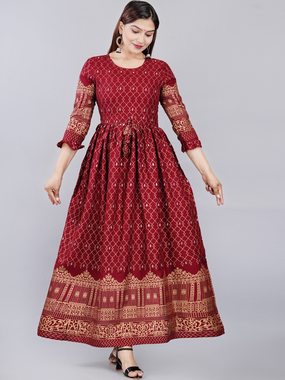 

KALINI Ethnic Motifs Printed Gathered Detailed Maxi Ethnic Dress, Maroon