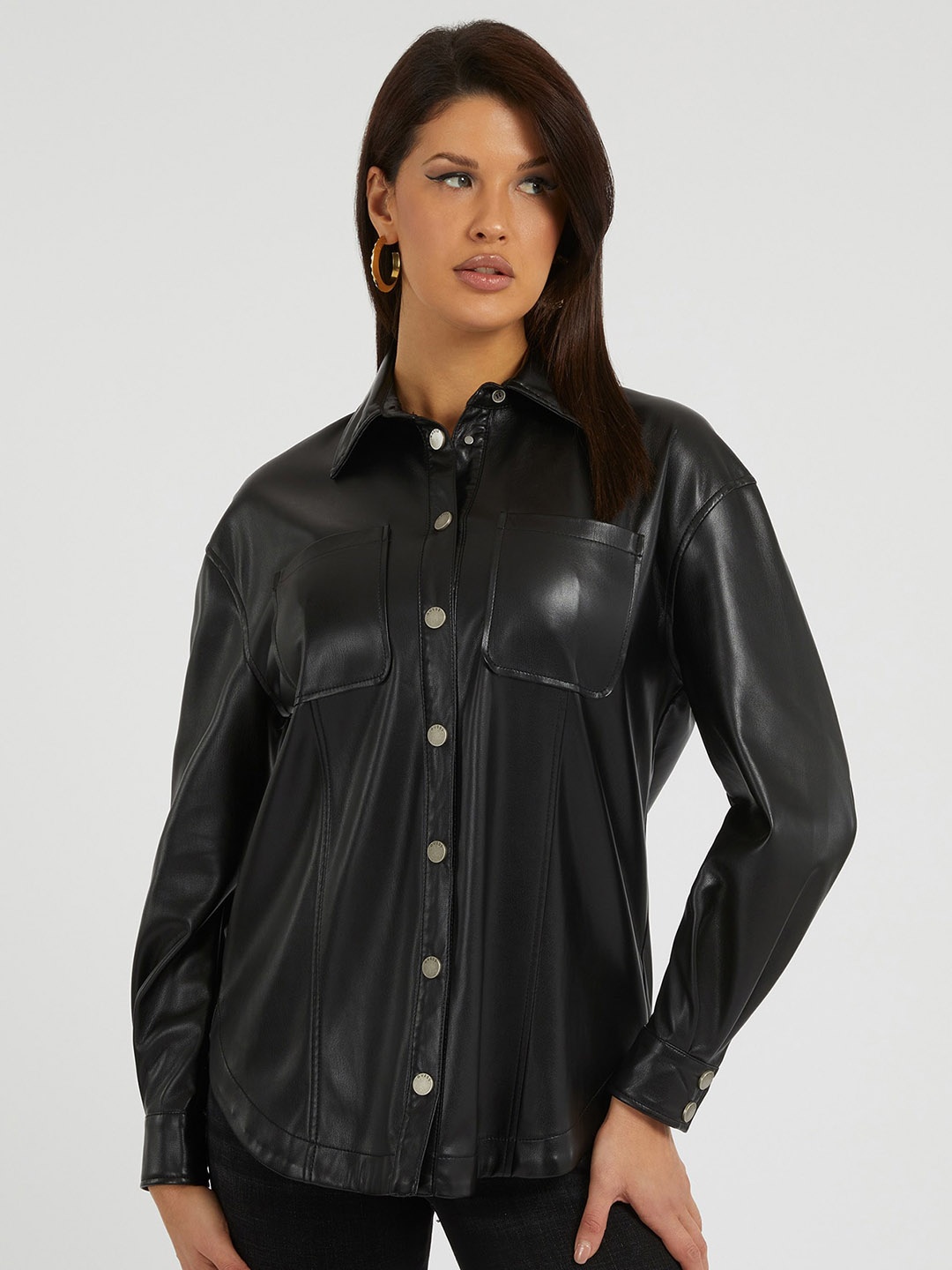 

GUESS Spread Collar Long Sleeves Faux Leather Shirt, Black