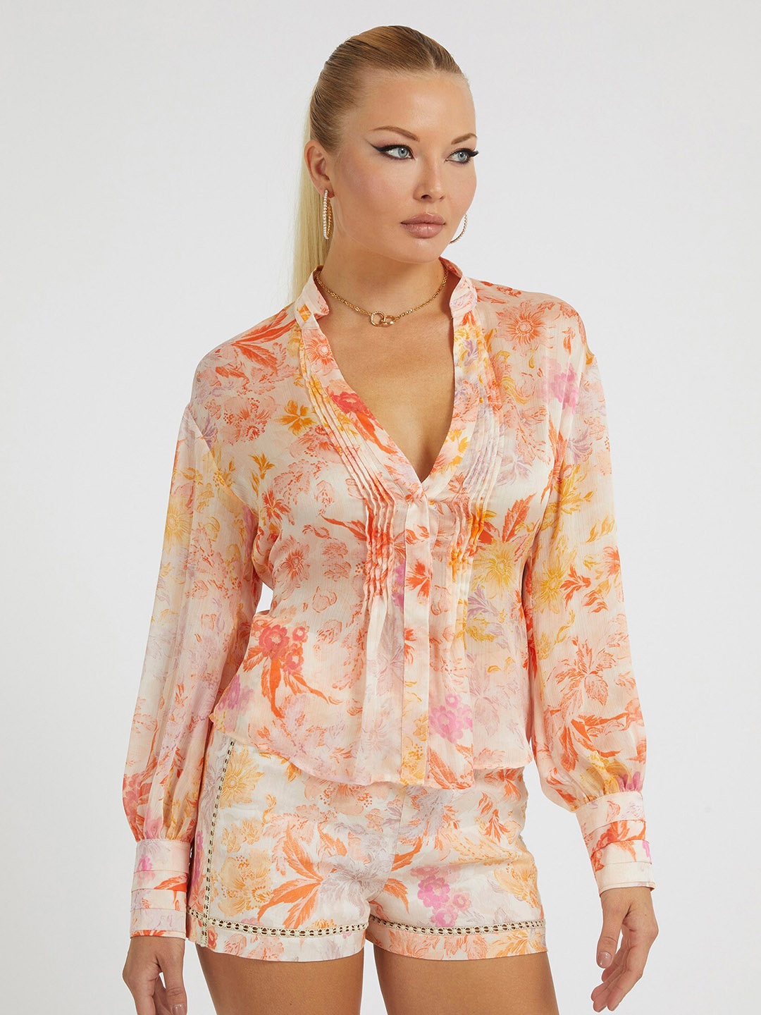 

GUESS MONICA Floral Printed Mandarin Collar Casual Shirt With Pin Tucks, Peach