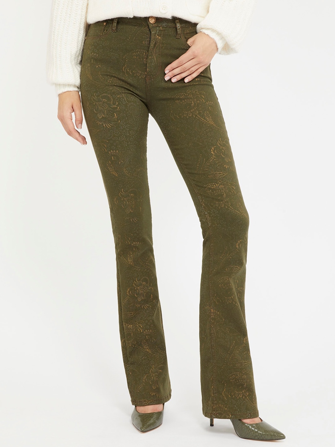 

GUESS Women Printed Bootcut Comfort High-Rise Jeans, Khaki