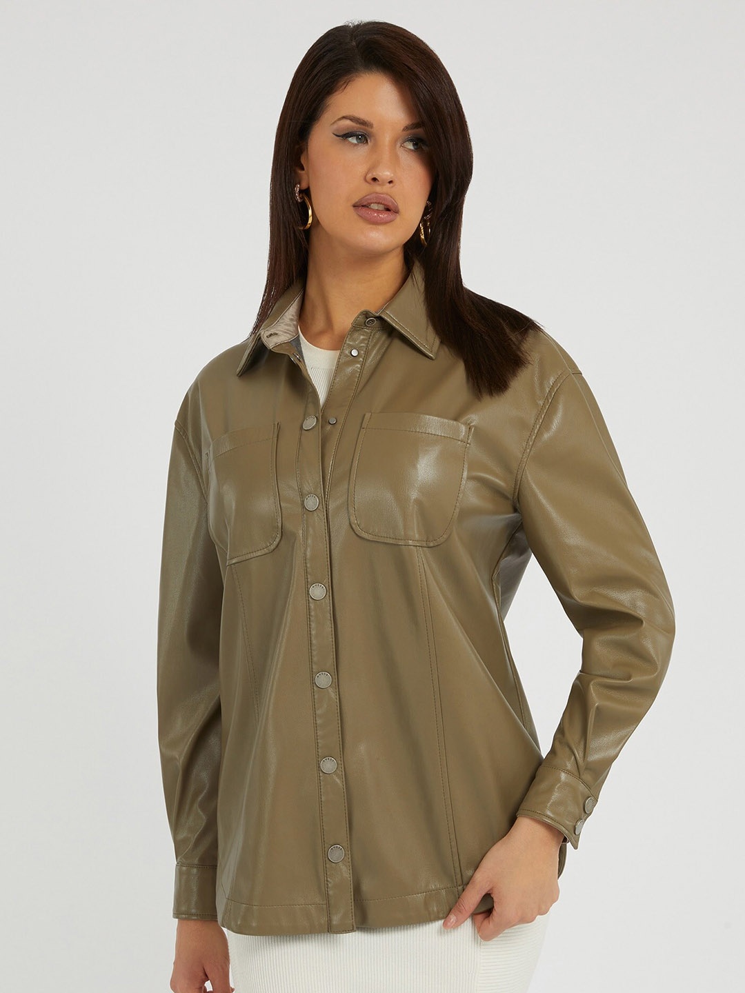 

GUESS Spread Collar Long Sleeves Faux Leather Shirt, Green