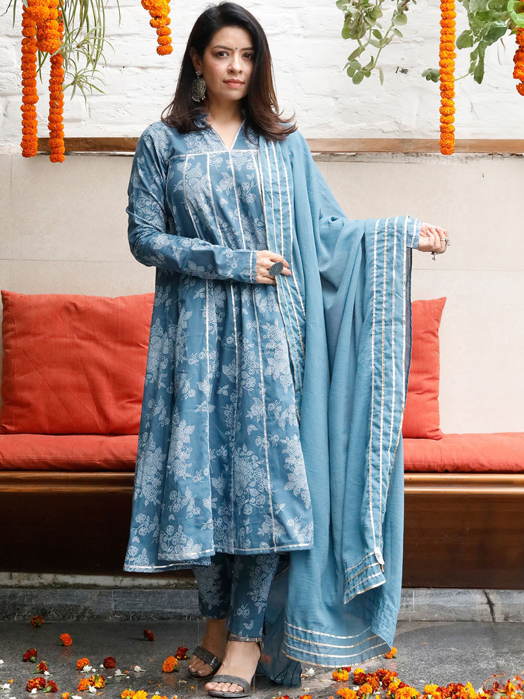 

FABNEST Printed Regular Pure Cotton Kurta with Trousers & Dupatta, Blue