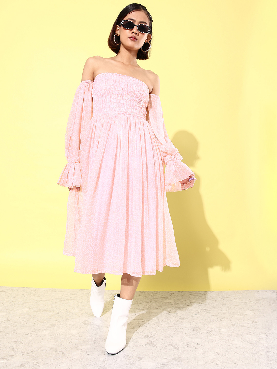 

ANVI Be Yourself Animal Print Off-Shoulder Bell Sleeves Chiffon Fit & Flare Midi Dress, Pink