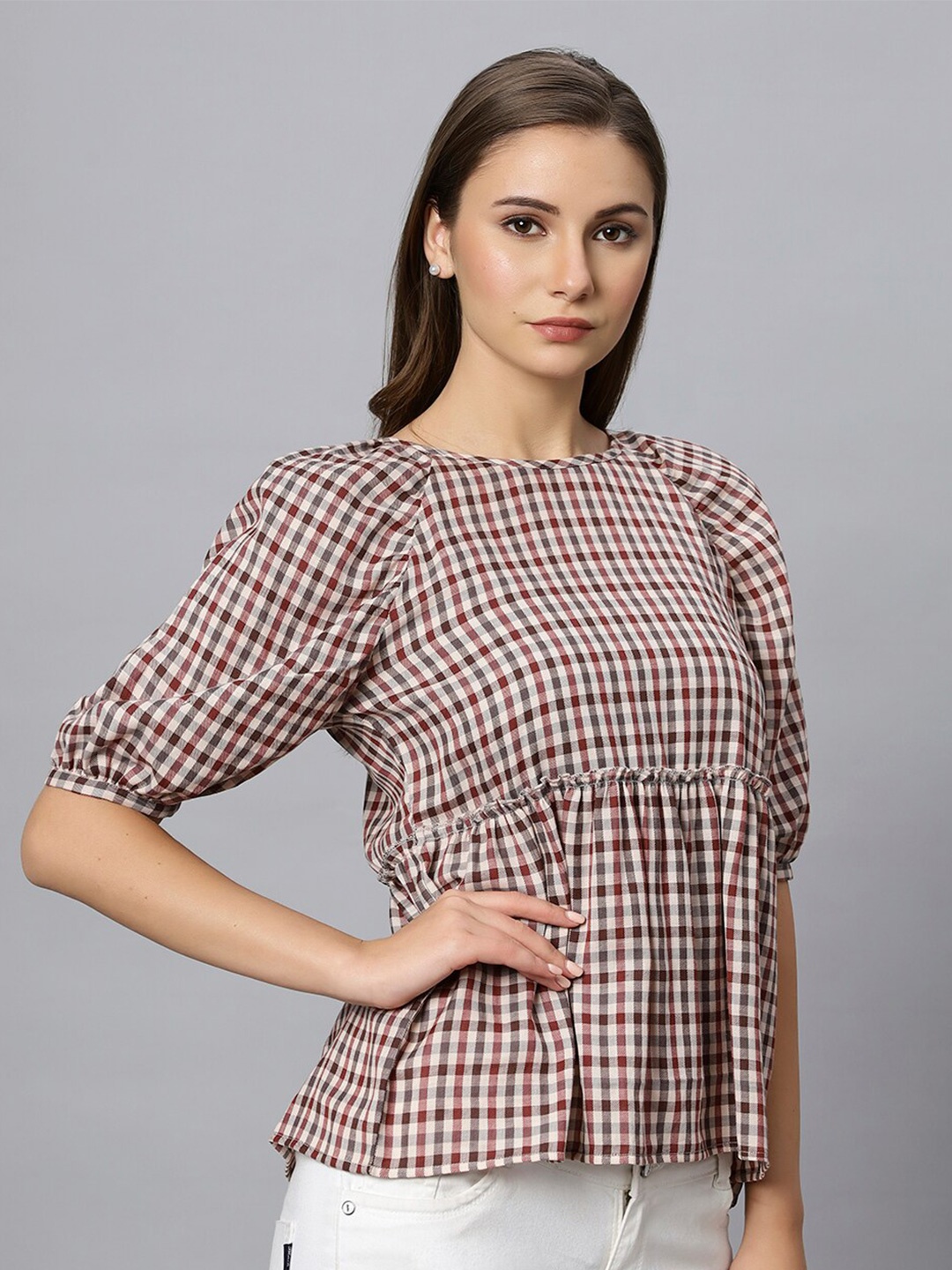 

Chemistry Checked Puff Sleeve Cotton Peplum Top, Maroon
