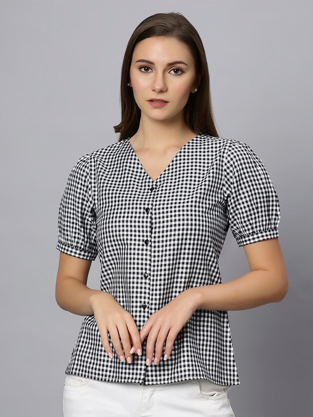 

Chemistry Checked Puff Sleeves Pure Cotton Shirt Style Top, Black